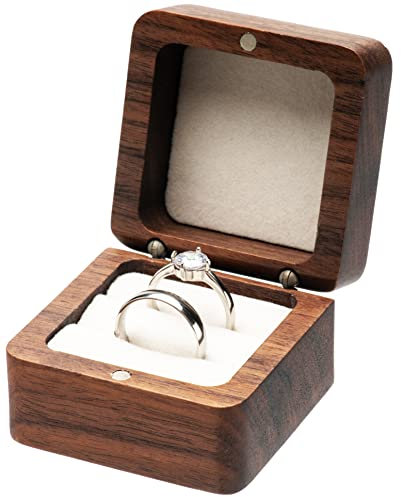Quadratisches Massivholz-Doppelring-Etui für Hochzeitszeremonie, Verlobungsantrag, Holzringhalter für 2 Ringe (innen beige)