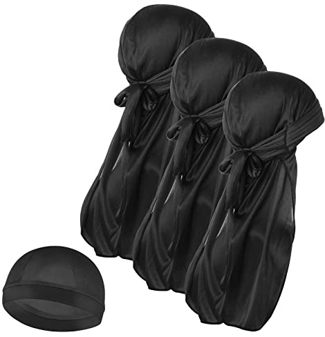 Molain Lot de 3 Bonnets ondulés en Soie pour Homme et 1 Bonnet Durag Soyeux avec Longue Queue de Cheval élastique Doux Respirant ondulé Parfait pour Les Vagues à 360/720