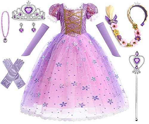 HEYOUTH Deguisement Robe Princesse,Bébé Fille Raiponce Robe,avec 7 Accessoires,Tulle Maxi Costume Carnaval Fille, Déguisement Anniversaire Fête Halloween Noël Partie Carnaval Cosplay
