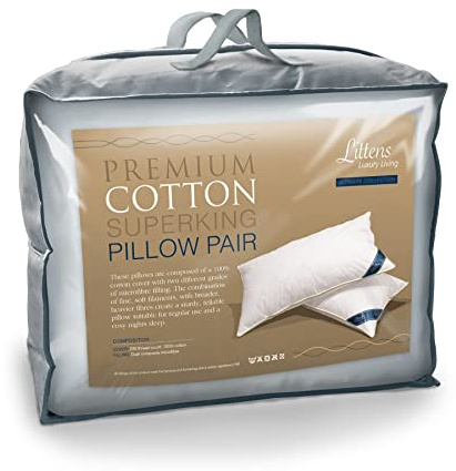 Littens Ultimate Collection Super King Size Premium Cotton Pair Pillows, 230TC Cotton, Dual Blend Soft Microfibre Filled. Gold Piped Edge, 50cm x 90cm (20 x 35)