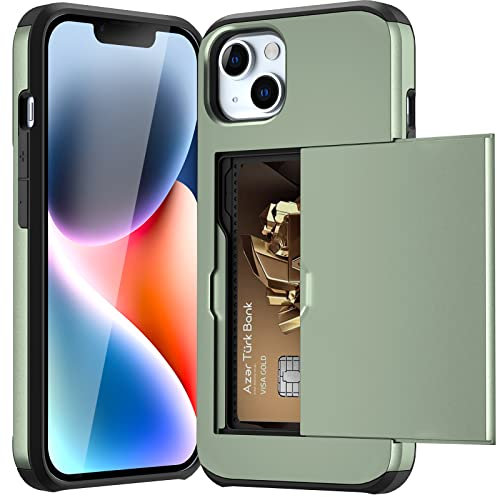 ACOCOBUY for iPhone 14 Case with Card Holder Sliding Cover Hidden Pocket IDs Credit Cards Slot Heavy Duty Shockproof Protective Dual Layer Wallet Phone Cover Back Shell for Men Women 6.1 Army Green