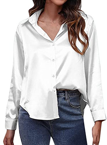 Chemise en satin pour femme en satin imitation soie Chemise à manches longues Frontière européenne et américaine du commerce extérieur Vêtements pour femmes Long chemisier blanc, Blanc., XXL