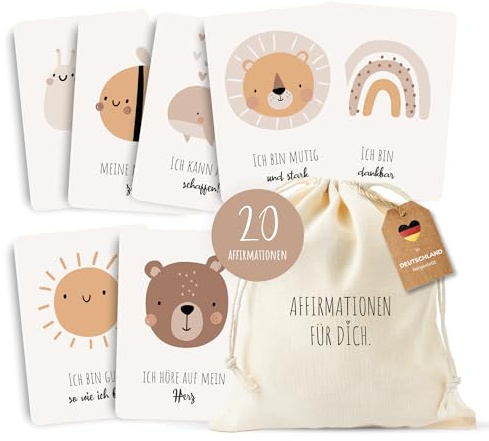 MeinBaby123® 20 Affirmationen für Kinder | Affirmationskarten für selbstbewusste Kinder | Mutmach-Karten mit partieller Veredelung inkl. Baumwollsäckchen | Geschenk zur Geburt, Taufe
