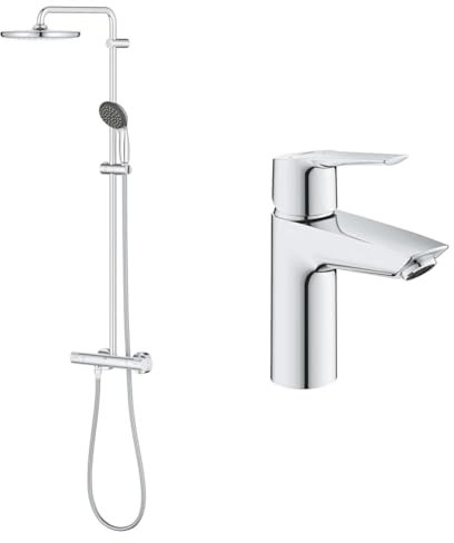 GROHE Colonne de douche avec mitigeur thermostatique Vitalio Start 250, 50% d'économie d'eau et d'énergie, tête de douche 250mm & QUICKFIX Start Robinet de salle de bains lavabo, taille S, chromé