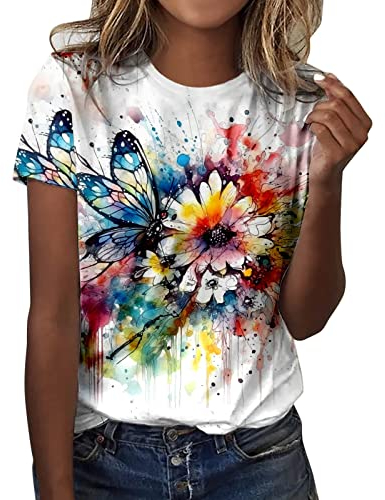 Top Damen Italienische Mode Grosse Grössen Kurzarm Baumwolle Blusenshirt Top Rundhals Lang mit Dufdruck Bluse Tshirt Oversize Locker Basic T Shirt Oberteile