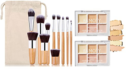 Holzsammlung Palette Professionale Correttori di Colore per il Trucco, Set di 2 Palette Correttore di Colore con 11 Pennelli Essenziali per Viso, 6 Tonalità di Crema dal Texture Crema Miscelabile