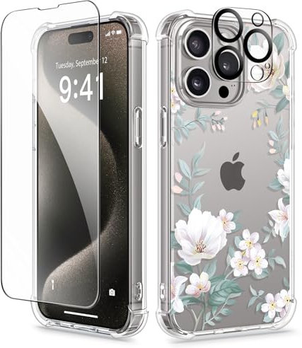 GVIEWIN Case Compatible with iPhone 15 Pro Max 6.7 2023,with 2 Screen Protector+2 Camera Lens Protector,Non-yellow Flower Clear PC Slim Shockproof Anti-Scratch Protective Cover, Magnolia/White