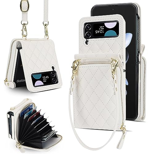XIZYO Crossbody Reißverschluss Leder Brieftasche Klapphülle für Samsung Galaxy Z Flip 3, mit Verstellbarem Abnehmbarem Kordel, für Frauen Mädchen Niedlich Luxus Handyhülle mit Kartenfach, Weiß