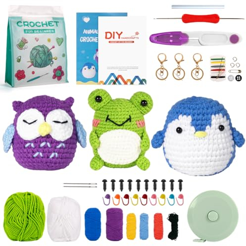 Oududianzi Häkelset für Anfänger, 3-teilig, niedliche Tiere, Eule, Pinguin, Frosch, DIY-Strickzubehör, Strickset für Erwachsene und Kinder mit Schritt-für-Schritt-Anleitung (evtl. nicht in deutscher
