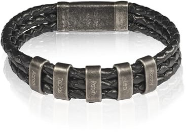 bijuuu Geflochtenes Lederarmband Herren – Echtleder Armband mit Namen – Flechtarmband aus Leder inklusive Gravur – Namensarmband personalisiert aus Rindsleder (4 Ringe)