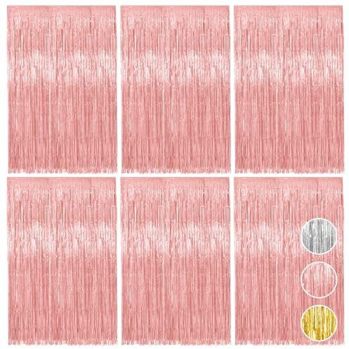 Vaktop 6 Stück Lametta Vorhang Rosegold, Glitzervorhang Lametta, Glitzer Party Vorhang, Folien Fransen Hintergrund fur Party Deko Geburtstagsdeko Hochzeit Festivals Bühnendekor (1m x 2m)