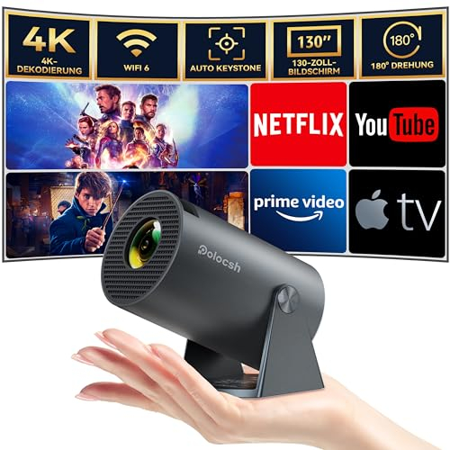 Mini Beamer, Polocsh Beamer WiFi6 und BT5.2, Tragbarer Projektor mit Android OS 11.0, 180-Grad-Winkel, Automatische Trapezkorrektur, 130-Zoll-Display und 50% Zoom, Beamer 2025 Upgrade, Stahlgrau