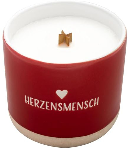 GRUSS & CO Kerze mit Motiv Herzensmensch | Kerze in Steinzeug-Becher, Sojawachs, mit Holzdocht, Höhe 7,6 cm, Durchmesser 8,6 cm | Dekoartikel, Geschenk | 73942