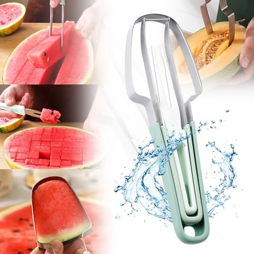 Zamety Coupe Pasteque et Melon, 3 en 1 Coupe Pasteque, Inoxydable Couteau a Pasteque, Multifonctionnel Couteau Pasteque, Fourchette à Melon d'eau pour Camping, Maison et Cuisine