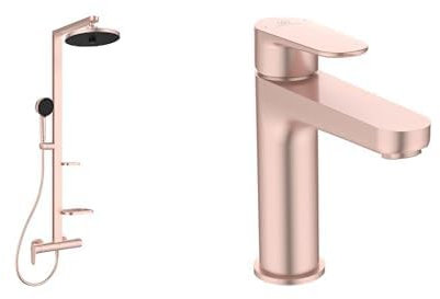 Set aus Ideal Standard BD584RO Alu+ Duschsystem mit Brausearmatur, Rosé + Ideal Standard BD131RO Cerafine O Waschtischarmatur mit Push-Open-Ventil