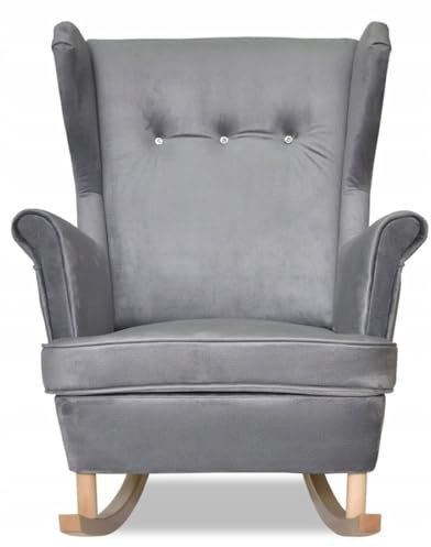 Kaiser Möbel Lounge Sessel Schaukelstuhl - Klassische Ohrensessel mit Armlehnen, Retro Stuhl aus Stoff mit Holz Füßen, Polsterstuhl für Esszimmer & Wohnzimmer, Stoff Velour Grau Beige