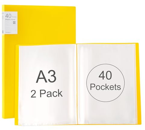 Srvnpioy 2 Pièces Porte-Vues A3 40 Pochettes 80 Vues, Livre D'affichage, Présentation Protège-Documents en Polypropylène, Jaune