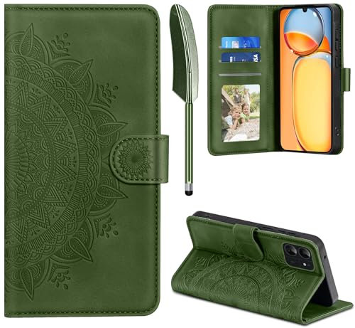 EASDNB Lederhülle für Xiaomi Redmi 13C Hülle, Handyhülle für Redmi 13C/ Poco C65 Flip Wallet PU Leder Case [Kartenfach] [Magnet] [Standfunktion] Prägung Klapphülle Schutzhülle für Redmi 13C, Grasgrün