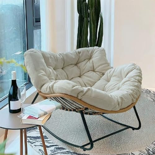Ergonomischer Schaukelstuhl aus Weidengeflecht mit weichem, dickem Kissen für Wohnzimmer, Schlafzimmer und Lesezimmer, Rattan-Geflecht-Lounge-Sessel für ultimativen Komfort und Entspannung (Weiß)