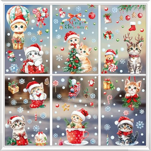FOSDICK 9PCS Katzen Fensterbilder Weihnachten, Fensterdeko Weihnachten, Weihnachts Fensterbilder, Niedlich Kätzchen Fenstersticker Weihnachten, Elektrostatische Adsorption Fensterbild Weihnachten