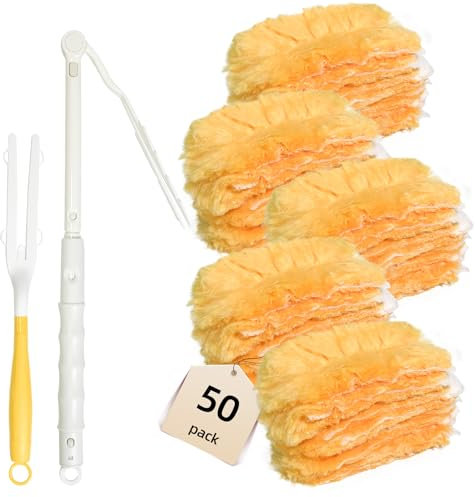 50 Duster Refills with 2 Replacement Handle Compatible with Swiffer,Heavy Duty Disposable Microfiber Duster Refills,Extended Dust Removal Brush Kit for Kitchens,Furniture,Blinds,Cars,Ceiling Fans
