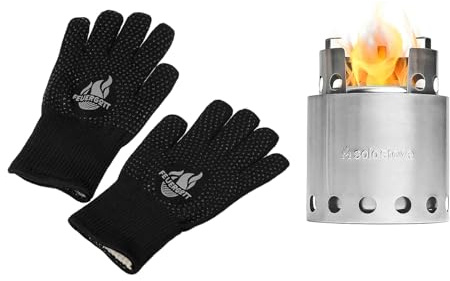 FEUERGOTT - Solo Stove Lite Set réchaud de camping avec gants de barbecue, compact et portable, brasero sans fumée, idéal pour la randonnée, la cuisine en plein air, la terrasse