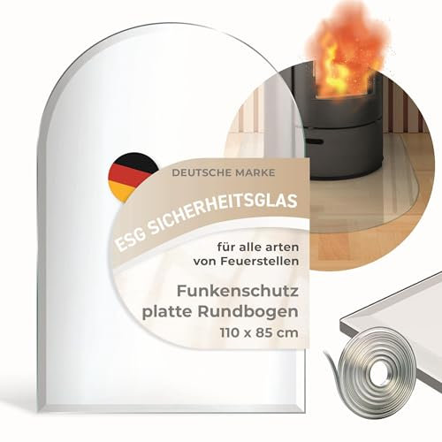 Funkenschutzplatte Glas Rundbogen 110x85cm – Glasplatte für Kaminofen - Kaminglas Zunge mit Dichtlippe - 6mm ESG Kamin Glasplatte mit Facettenschliff – Kaminschutz Feuerplatte für Kaminofen