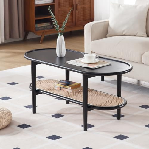 chairus Oval Coffee Tables with Rattan Storage Shelf Wood Side Table Small Centre Tea Table for Living Room (Black)