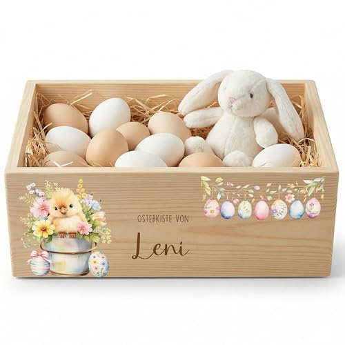 Kidsmood - Personalisierte Holzkiste mit Namen – Aufbewahrungskorb zu Ostern für Kinder, nachhaltig & kindersicher für Osterdeko & Ostergeschenke mit putzigem Küken im Blumentopf (40x30x13)