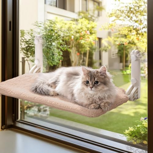 MEWOOFUN Cat Window Bed Hammock for Indoor Cats - Foldable Cat Window Perch Reversible Mat, Upgrade Strong Suction Cups Sturdy (Brown, M)