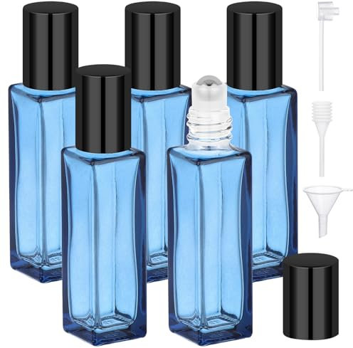 Segbeauty 5Pack 0.34oz Square Essential Oil Roller Bottles, 10ml Dark Blue Glass Roller Balls with Caps, Empty Rollerball Bottle Stainless Steel for Travel Refillable Roll Container