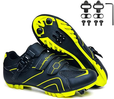 Surwin Fahrradschuhe Herren Damen, Nylonschnalle Atmungsaktive MTB Schuhe Herren rutschfest Fahrradschuhe, MTB Schuhe Sports & Outdoor Shoes mit 2 Anti-Rutsch-Spikes (Gelb,41)