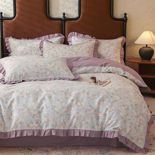 Yaofeiou Lila Rüschen Bettwäsche 155x220 Romantisch Lila Hellviolett Blumen Bettwäsche mit Rüschen Wendebettwäsche Set aus Baumwolle Mädchen Damen Bettbezug Blumen mit 1 Kissenbezug 80x80