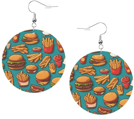 Viele Cartoon-Burger-Pommes-Druck-Leder-Ohrringe für Frauen - baumelnde Creolen, perfekt für Kostümpartys und Mädchen-Accessoires, Einheitsgröße, Leder