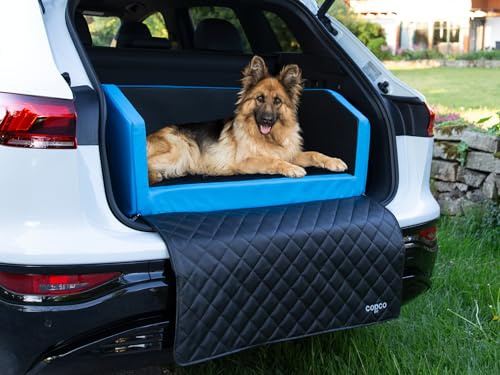Hundebox Auto Kofferraumschutz Hund mit ladekantenschutz Kofferraum【Mit Tasche】 Kofferraum schutzmatte herausnehmbar - Hunde Autositz mit Anschnallsystem, hundetransportbox 100x90x38cm Blau/Grau