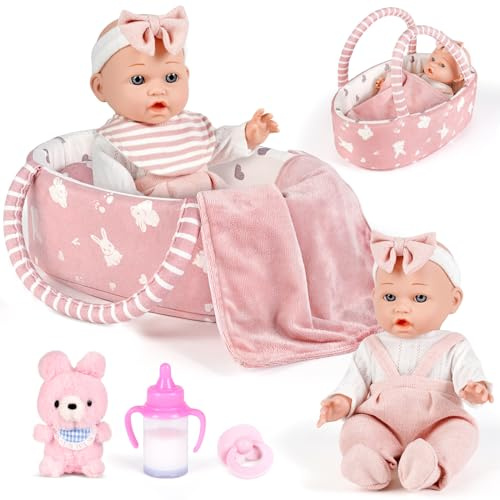 Dreamon 12'' Baby Doll Playset with Carrier Bassinet Bed, 11PCS Baby Doll Accessories Includes Pacifier, Blanket, Pillow, Diaper, Pretend Play Set Baby Doll Care Toys Gifts for Kids Girls