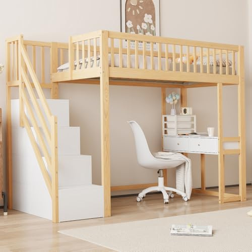 Hochbett 90 x 200 cm mit Multifunktionstisch, sichere Aufbewahrungsleiter, Bettrahmen aus massivem Kiefernholz für Kinder und Jugendliche, Weiß (Weiß + helle Eiche)