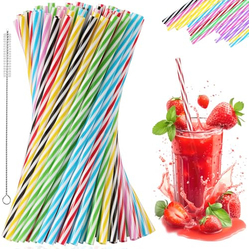 100 Stück Bunte Wiederverwendbare Strohhalme mit Strohhalmbürste, 23cm Farbige Verdickte Plastik Trinkhalme, Spülmaschinengeeignet Hochzeiten Partys Straws für Smoothies, Saft, Cocktail, Heißgetränk