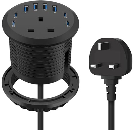 Jgstkcity Recessed Power Socket, 65W USB‑C, Flush-Mount, Black | Desk Power Grommet, 8 USB Ports, 80mm Cutout, Clutter-Free Desktop, Ideal Workspace Accessory