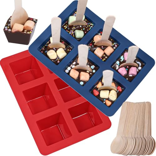 Webake Christmas Hot Chocolate Spoon Molds 2-Pack with 30 Wooden Spoons, Silicone Square Hot Cocoa Chocolate Cups, Reusable, Suitable for Hot Cocoa Bomb Making