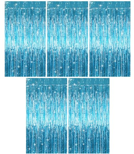 Xyvor 5 Stück Lametta Vorhang Blau, 1mx2m Glitzer Vorhang Geburtstag | Metallische Glitzervorhang Fringe, Tinsel Curtain, Glitzervorhang Lametta fur Party Deko Geburtstagsdeko Hochzeit Festivals