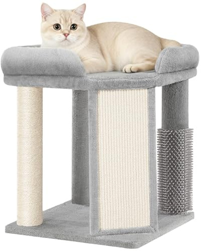 Fobyfurny Cat Tree for Indoor Cats, 48 cm Small Cat Tower, Light Grey | Sisal Scratching Post, Large Pentagonal Top Platform, One Piece Scratching Board, Sisal Grooming Post FPMS001FG1