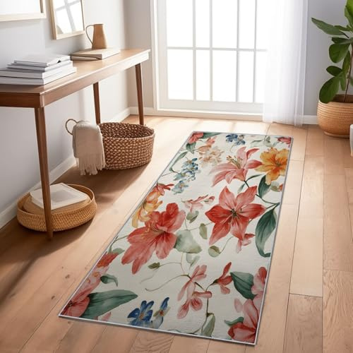 Läufer Teppich Pflanzen Lilien Blätter Rot 80X240 cm – Rutschfester Waschbarer Flurläufer Für Wohnzimmer Schlafzimmer Küche – Weich Kurzflor Moderner Design Teppichläufer