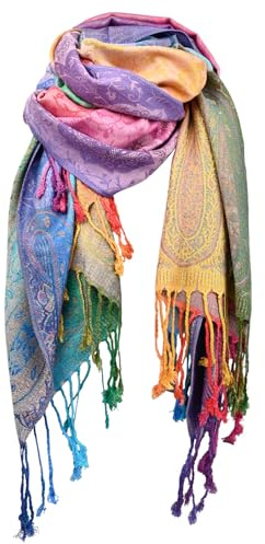 BLNC Ethno-Schal, Jacquard-Gewebe mit Bunten Paisley-Mustern, 70x200cm, Weich & Leicht, Damen Stola mit Quasten, Pink