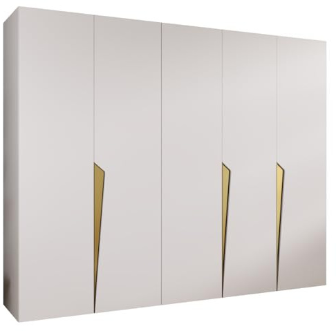 MEBLE KRYSPOL - Kleiderschrank - Garderobenschrank - 250 cm x 202 x 52 cm - Schrank mit Kleiderstange, 5 Türen - für Schlafzimmer, Flur - Piano, Weiß, Griff Gold