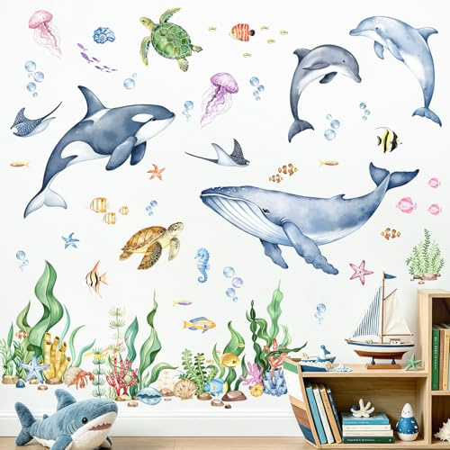 Supzone Wandtattoo Kinderzimmer Unterwasser Fisch Wale Hai Wandaufkleber | Unter dem Meer Ozean Fisch Wale Hai Meerestiere Wandsticker Kinderzimmer Babyzimmer Badezimmer Wanddeko