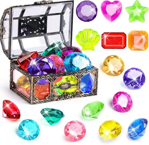 JDSTY Diving Gem Pool Toys Set, 16 Pieces, for Kids and Toddlers | Pirate Treasure Chest, Colourful Diamond Dive Gems, Underwater Swimming Training