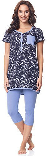 Be Mammy Damen Kurzarm Pyjama mit Stillfunktion BE20-177, Marine-Sterne-Blau, S(Marine-Sterne-Blau, S)