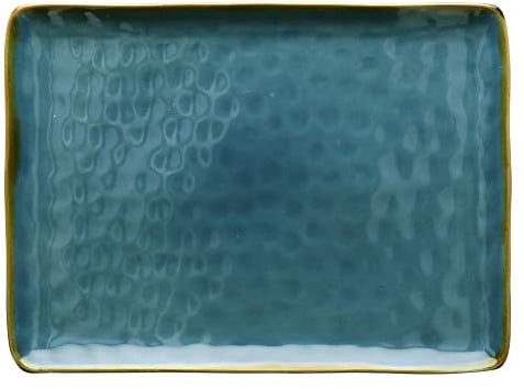 Rose & Tulipani, Vassoio Rettangolare Blu Avio con Bordo Dorato in Ceramica Decorata, Linea Concerto, 36x26.6 cm
