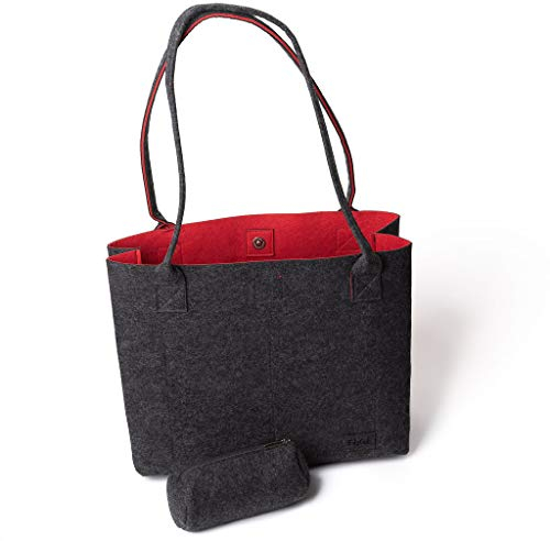 Filztasche shopper, Shoppertasche, Filztasche damen, große Einkaufs-Tasche lange Henkel, dunkelgrau und rot Handtasche aus Filz, Modern und Stylish zweifarbig.